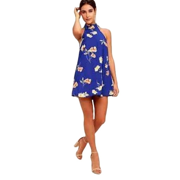 Lulus Darling Dearest Royal Blue Floral Mini Swing Dress Size S - Picture 3 of 10